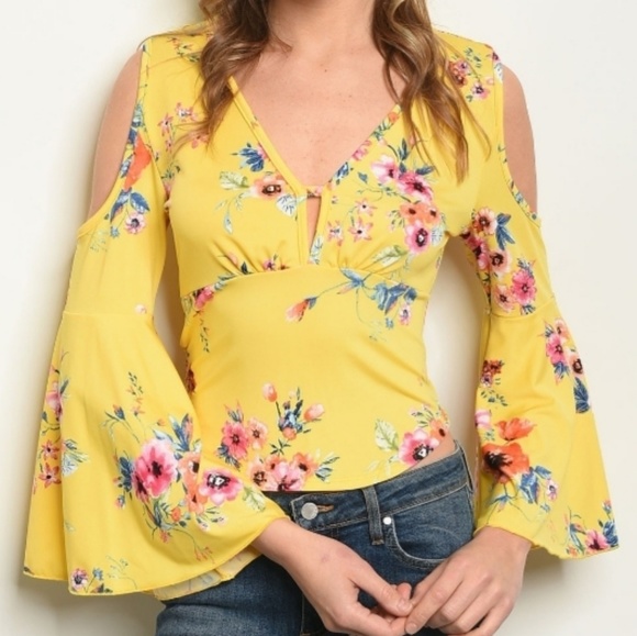 💛Yellow Floral Cold Shoulder Tie Back Top - Picture 2 of 2